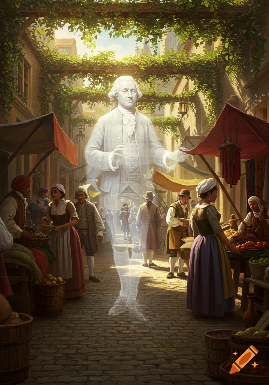A translucent, ghostly figure of Adam Smith stands in a bustling, sunny historical market street filled with vendors and shoppers, in an illustrative style.