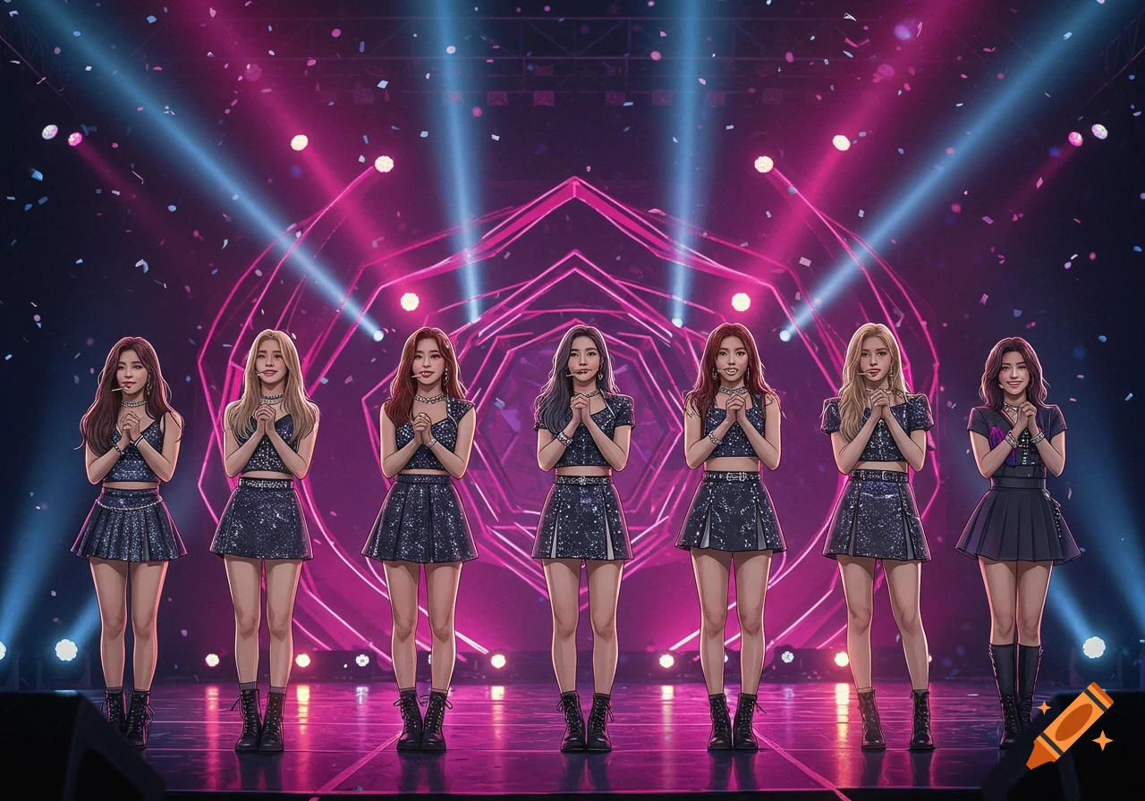 Seven young women in sparkling black outfits pose on a stage with vibrant pink and blue spotlights and falling confetti, in an anime style.