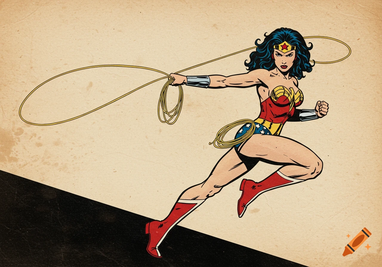 Wonder Woman in a dynamic running pose, wielding her lasso, rendered in a vintage comic book style with a textured background.