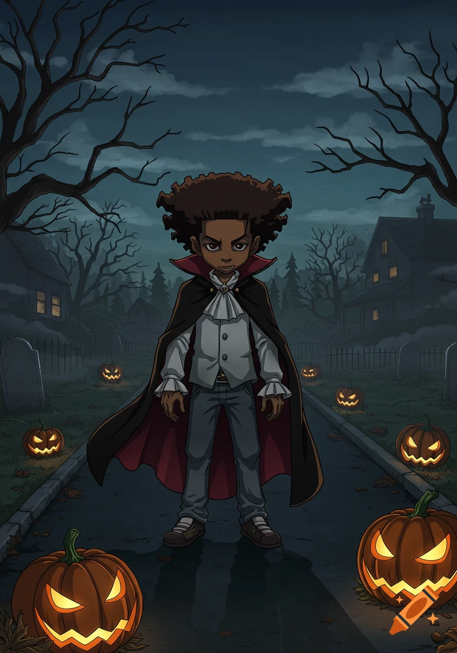 A cartoon boy dressed as a vampire stands on a sidewalk in a spooky Halloween neighborhood with jack-o'-lanterns and gravestones.
