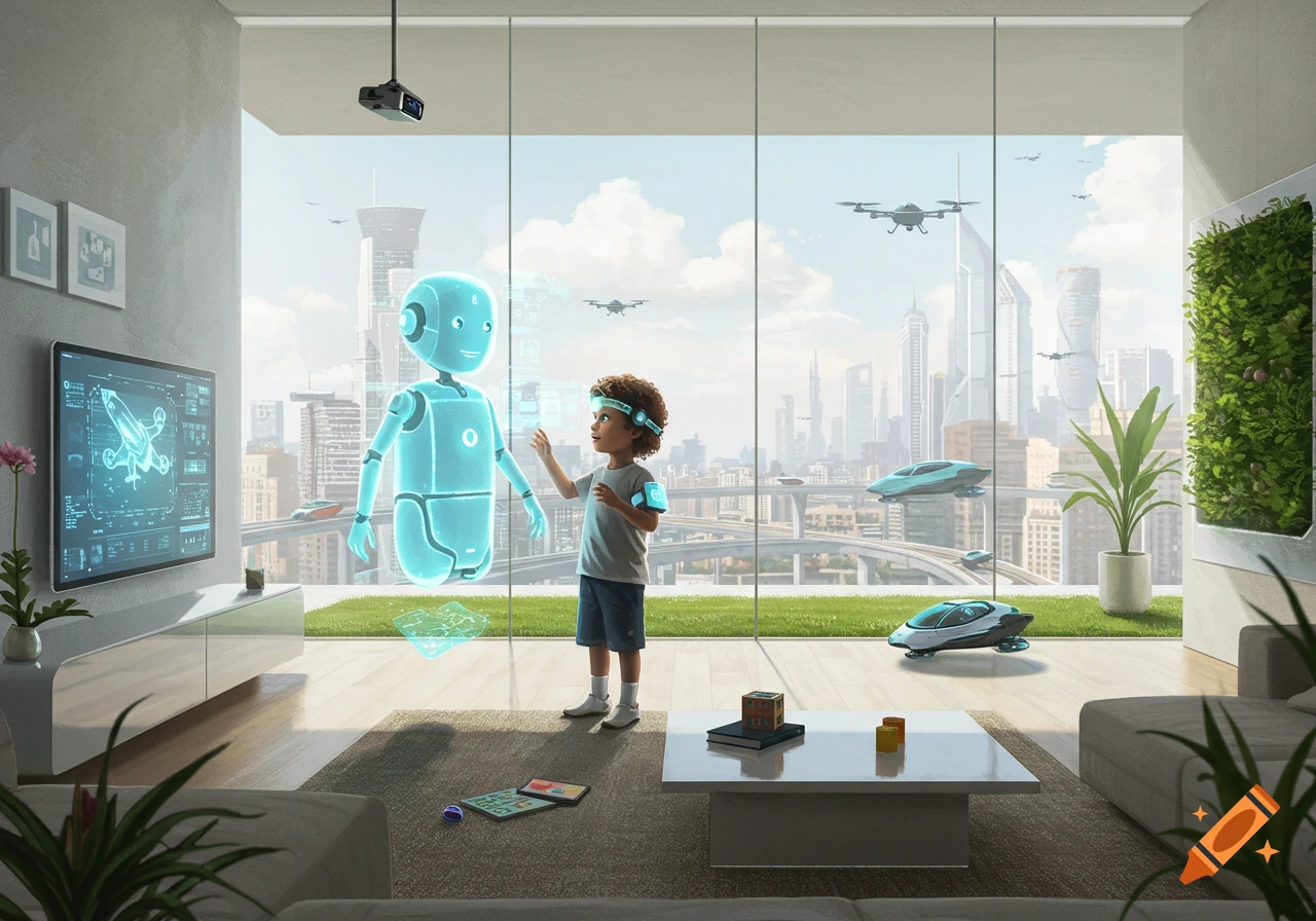 A child in a futuristic living room interacts with a holographic robot, overlooking a city with flying vehicles.