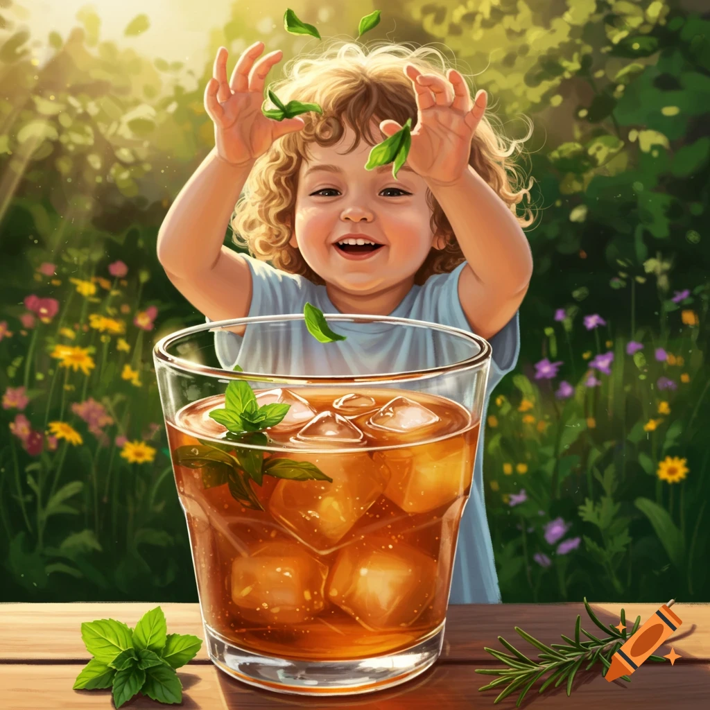A happy child with curly hair throws mint leaves into a large glass of iced tea on a wooden table in a sunny garden.
