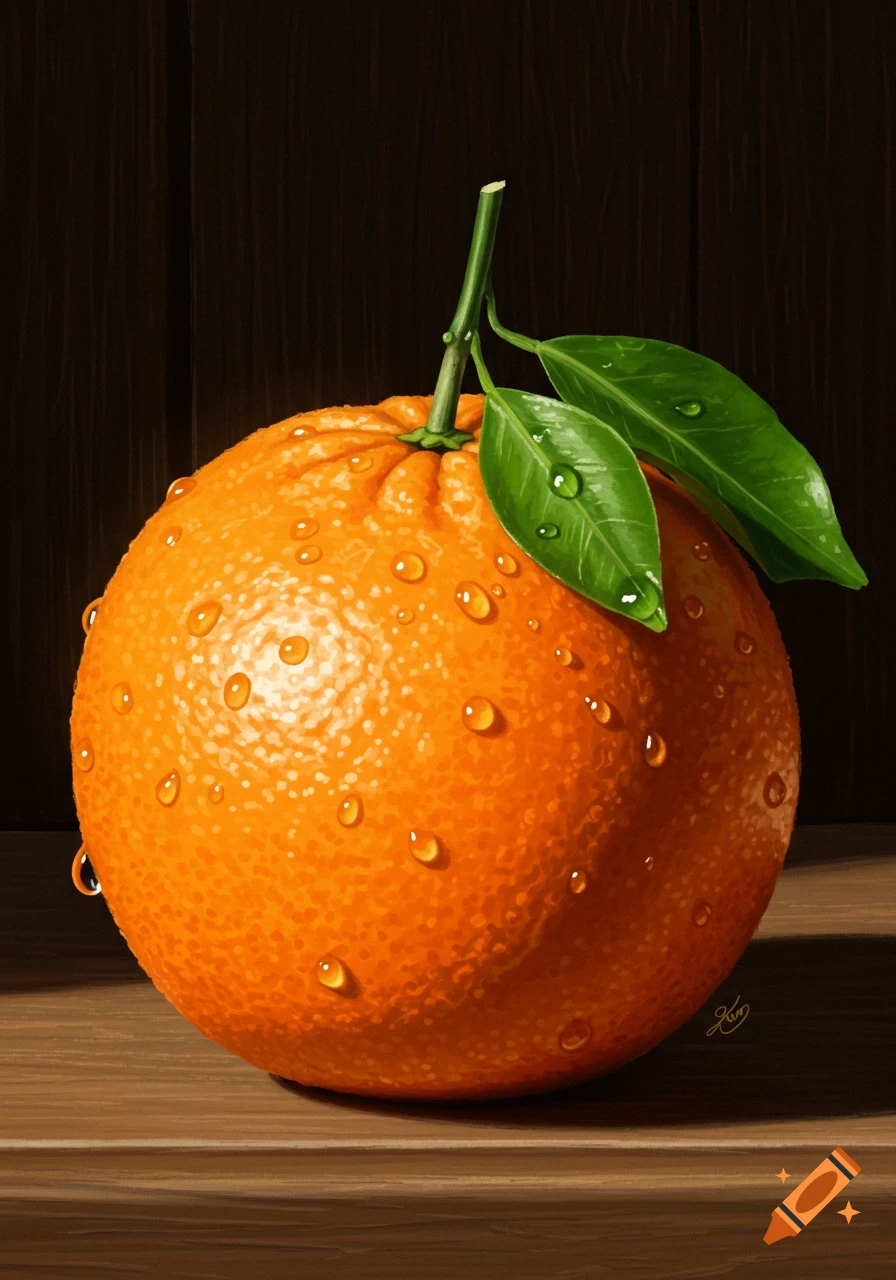 A still life digital painting of a fresh orange with green leaves and water droplets on a dark wooden surface.