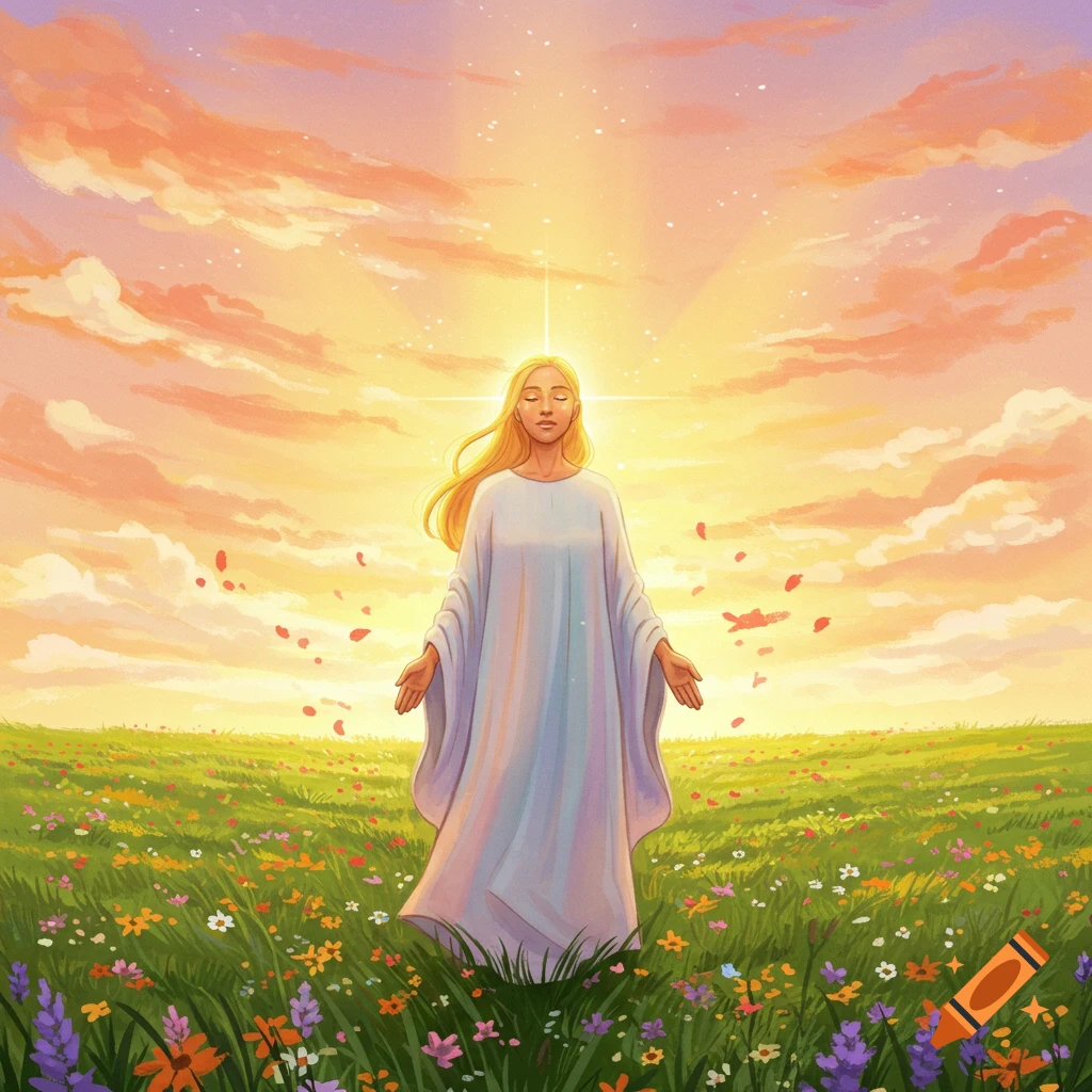 Illustrated woman in a white robe standing serenely in a vibrant wildflower field under a glowing golden sky.