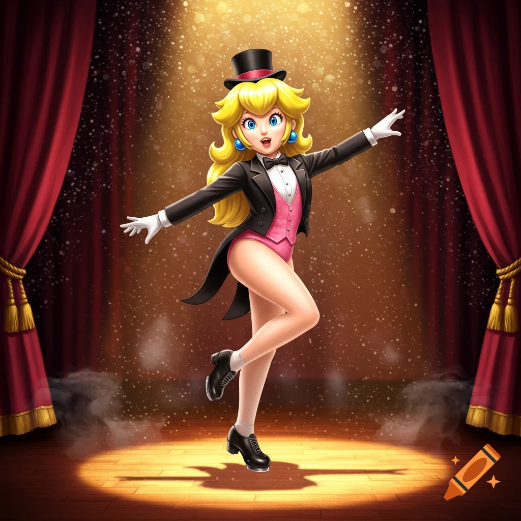 Princess Peach tap dancing on a stage under a spotlight, wearing a black tuxedo jacket, pink leotard, top hat, and tap shoes, with red curtains in the background.