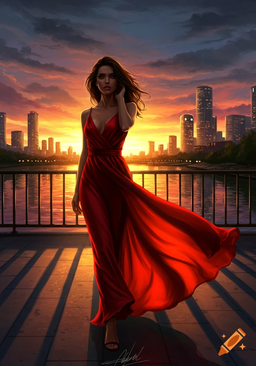 A woman in a flowing red dress stands on a balcony overlooking a city skyline at sunset, with a river reflecting the orange sky.