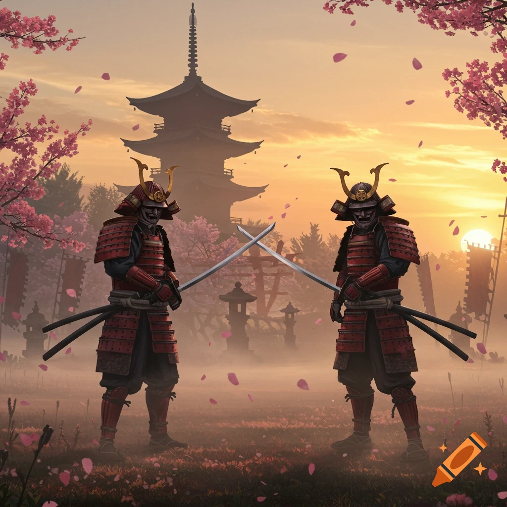Two armored samurai stand with crossed swords in a misty field with cherry blossoms, a pagoda, and a sunset.