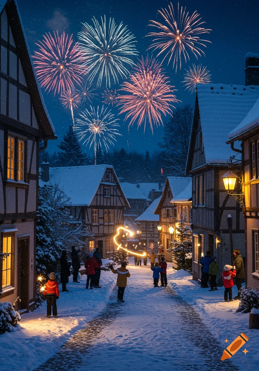 Photorealistic night scene of a snowy village street with fireworks and people, including children playing with sparklers.