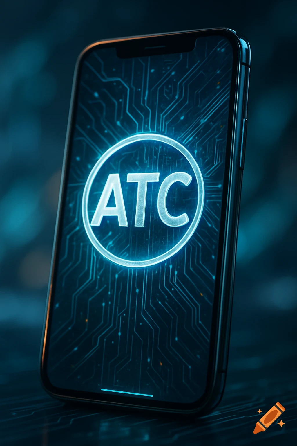 Photorealistic image of a smartphone displaying a glowing blue 'ATC' logo and circuit board pattern on its screen, set against a dark background.