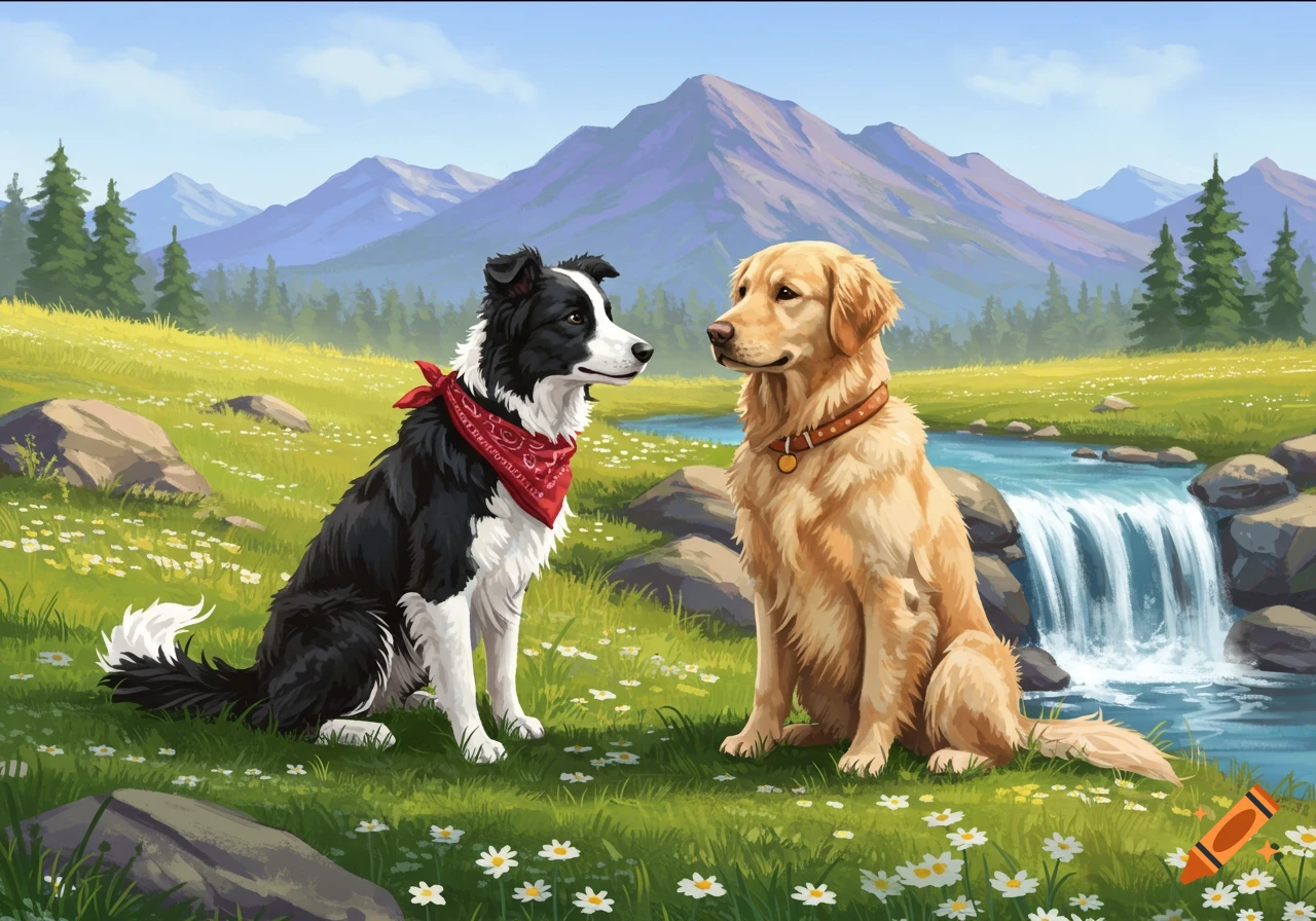 An illustration of a Border Collie and a Golden Retriever sitting in a flower-filled mountain field with a waterfall.