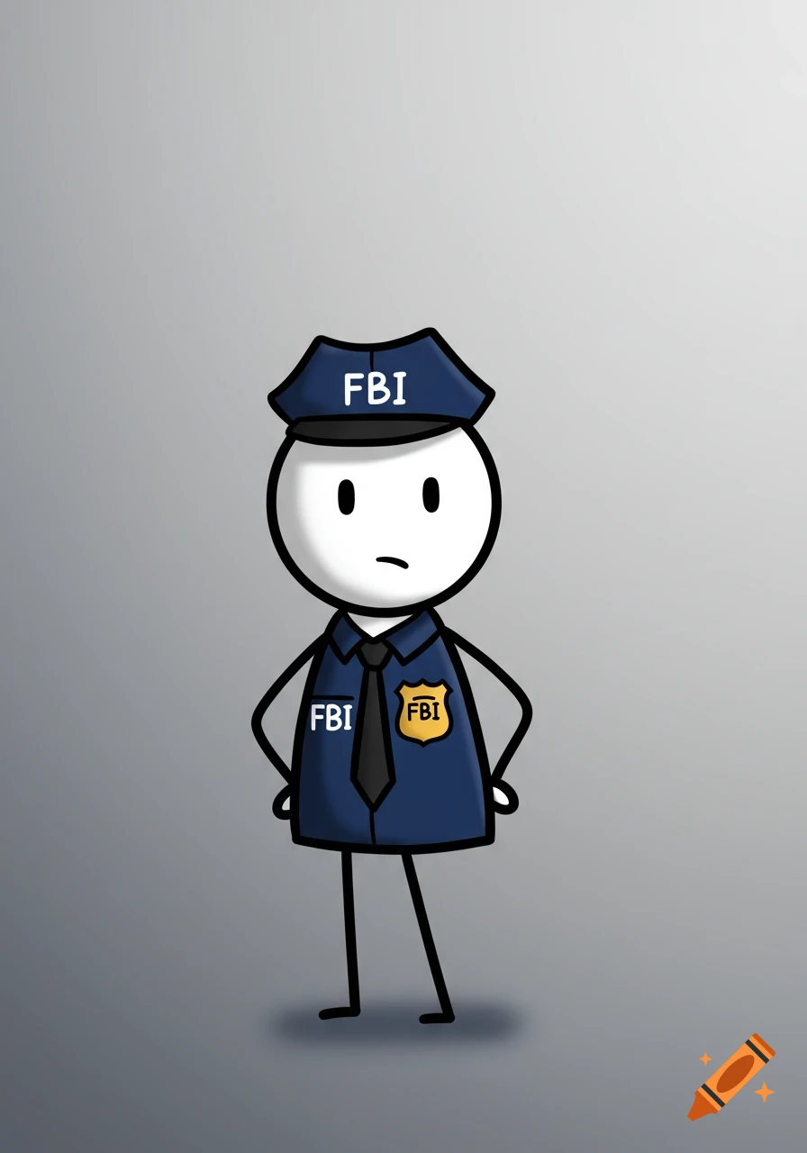 A simple cartoon stick figure wearing a dark blue FBI uniform with 'FBI' written on the cap and chest, standing with hands on hips.