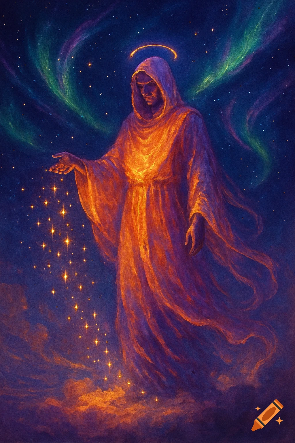 A hooded figure in glowing orange robes with a halo, releasing shimmering stars into a dark cosmic sky with green and purple aurora.