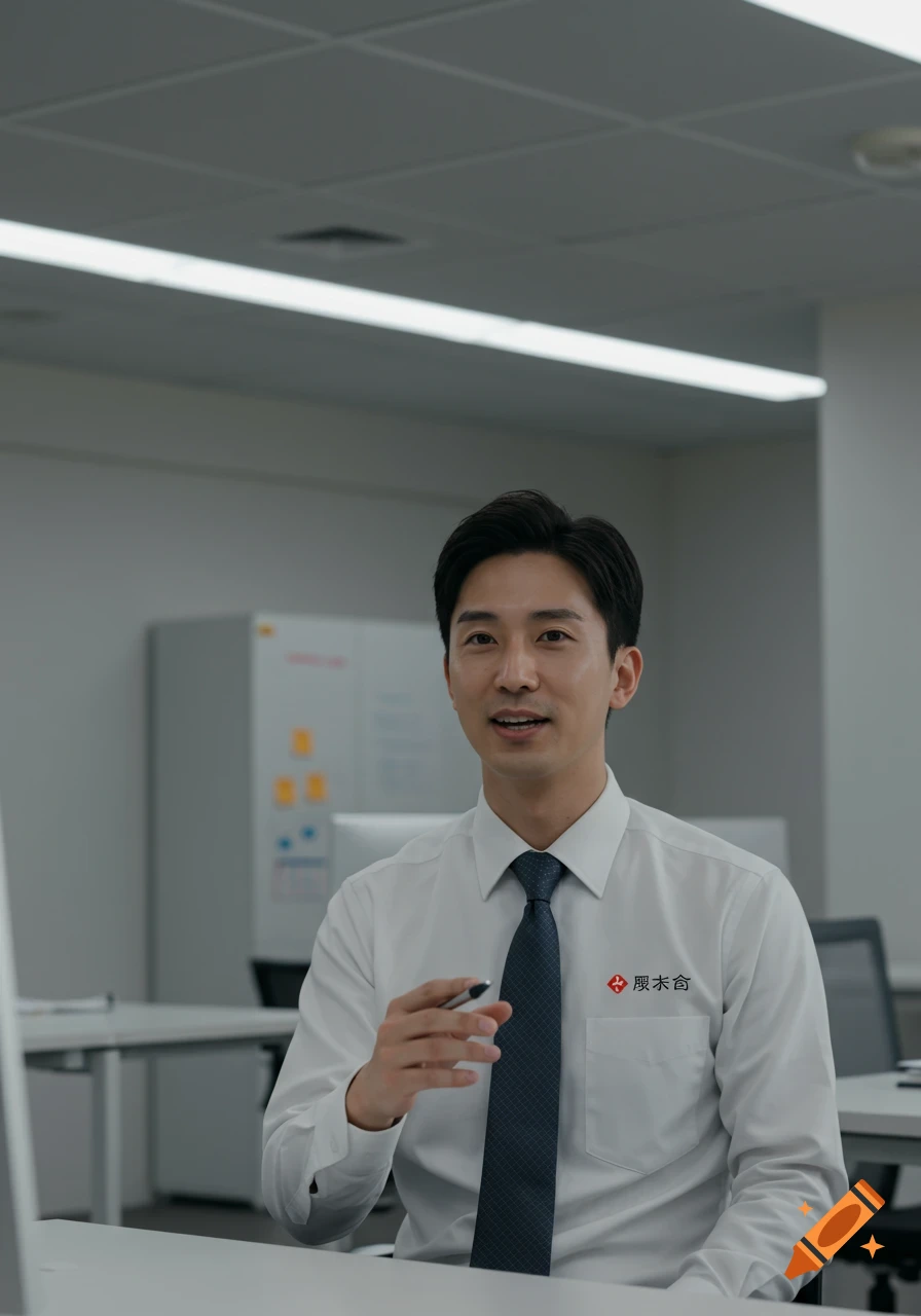 A photorealistic image of an Asian man in a white shirt and tie speaking in a modern office.