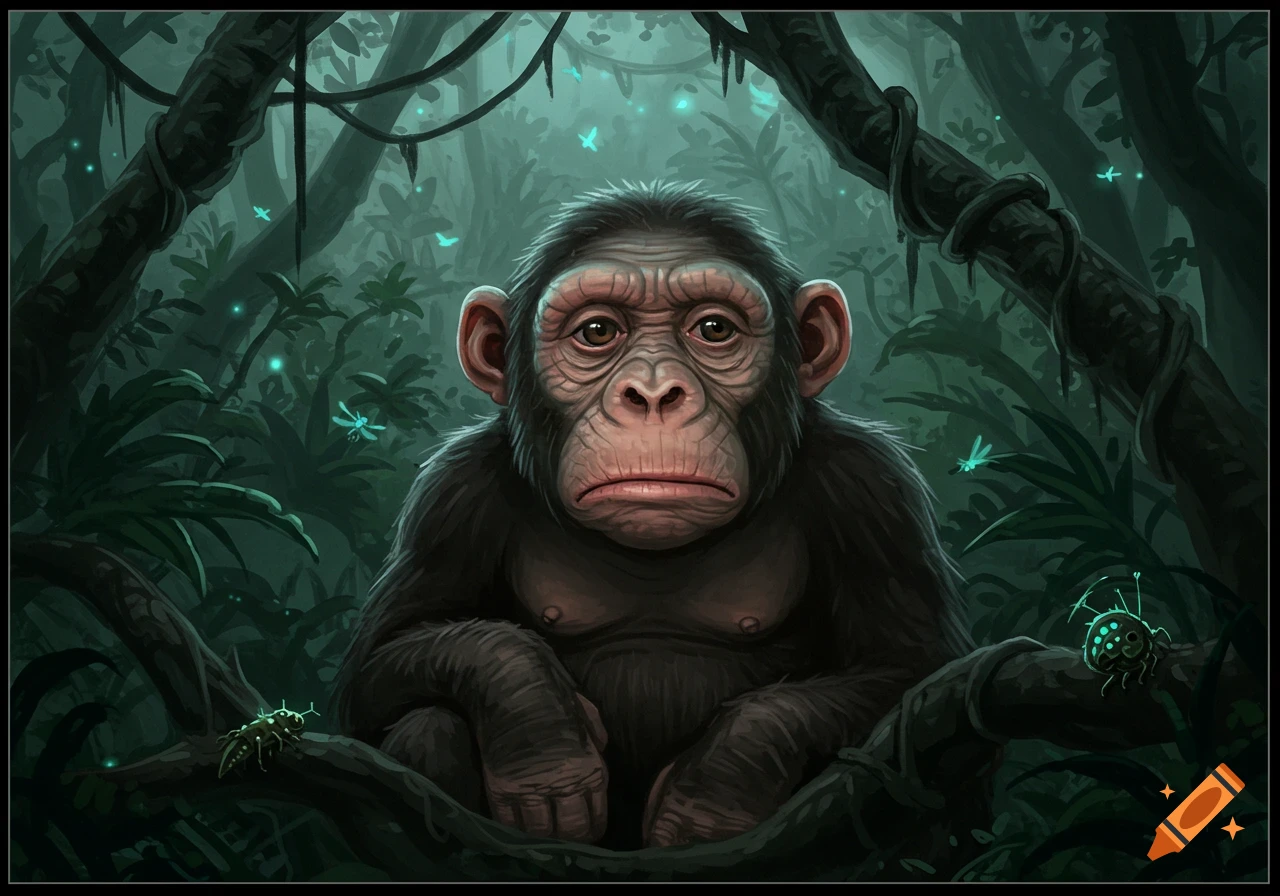 A sad-looking cartoon chimpanzee sits among dark jungle foliage with glowing insects, in an illustration style.