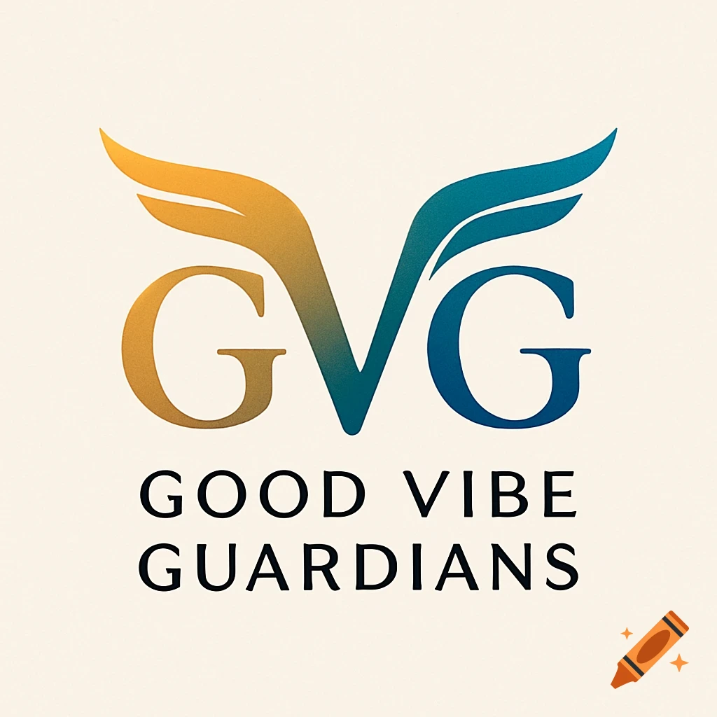 A logo with gradient gold and teal wings formed by a 'V' around two 'G's, spelling 'GVG', with 'GOOD VIBE GUARDIANS' in black text below.