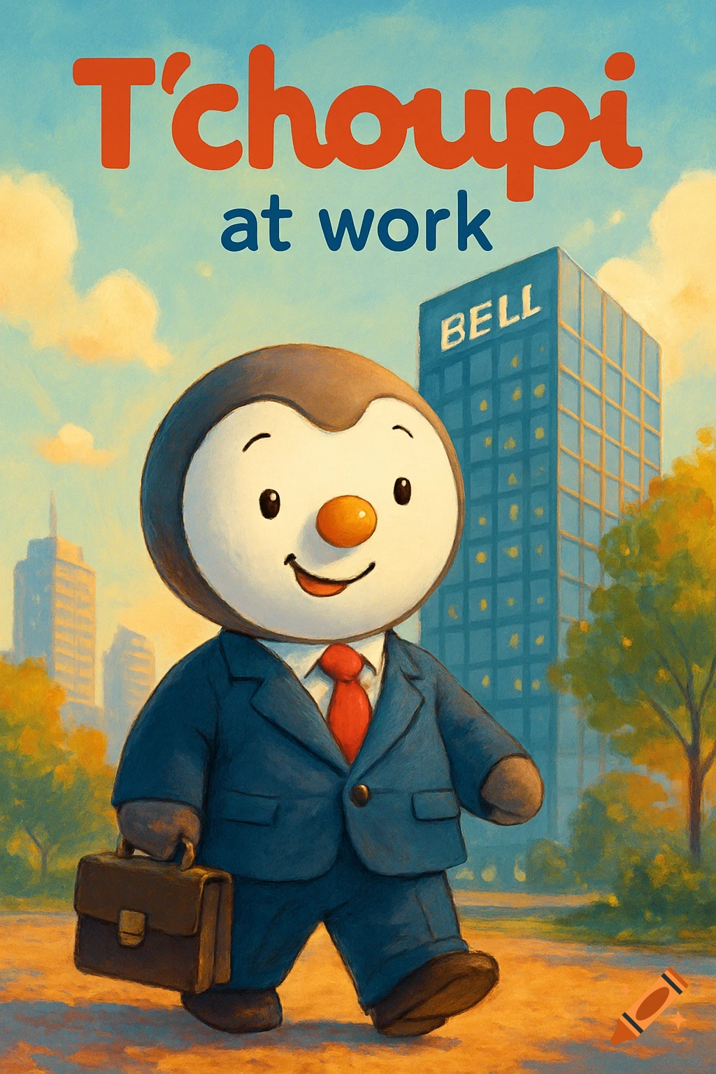 A cartoon penguin in a blue business suit and red tie, holding a briefcase, walks past a skyscraper labeled 'BELL'. Text reads 'T'choupi at work'.