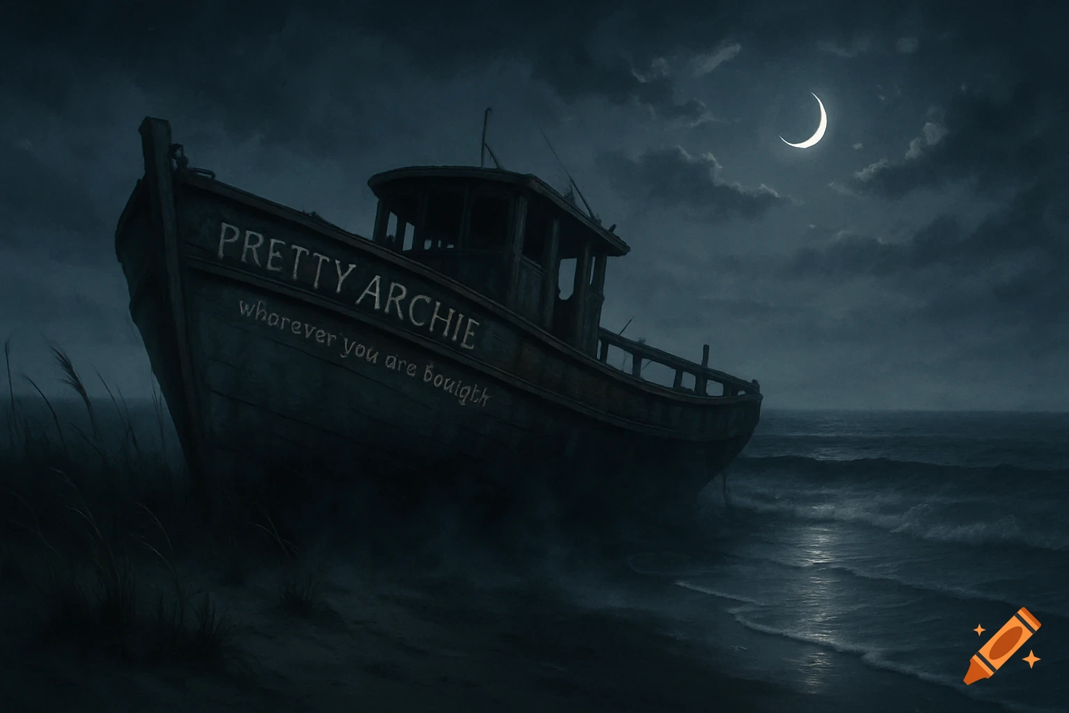 A decrepit fishing boat named 'PRETTY ARCHIE' on a dark shore at night, with a crescent moon above and waves on the sand.