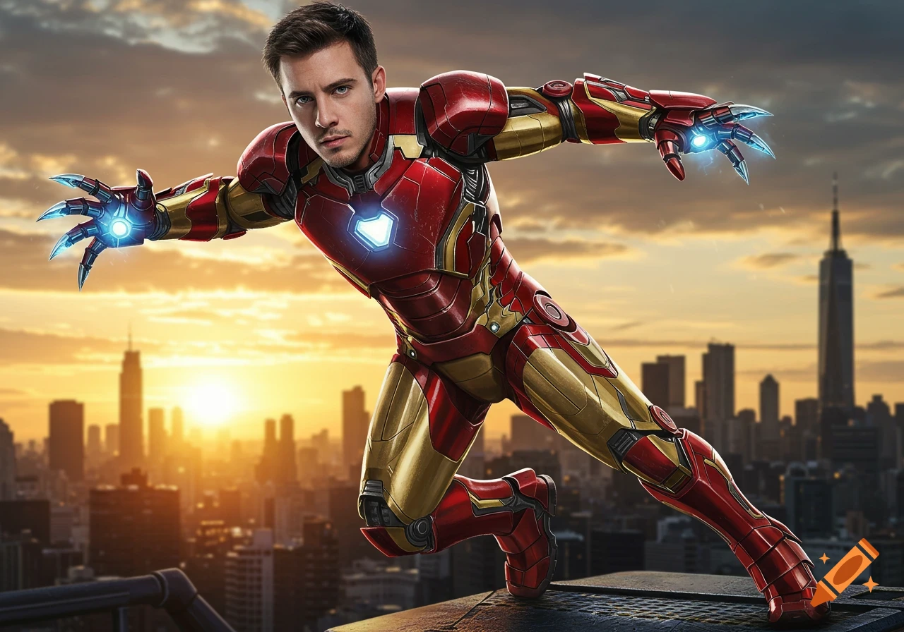 Man with brown hair in Iron Man suit with glowing claws over a city at sunset.