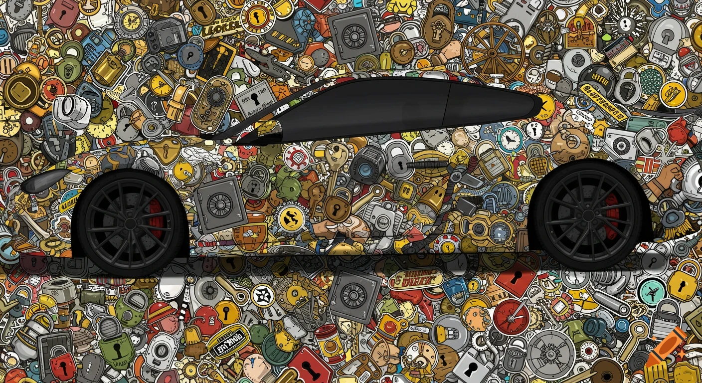 A stylized sports car covered in a vibrant sticker bomb design featuring various cartoon keys, locks, and safes.