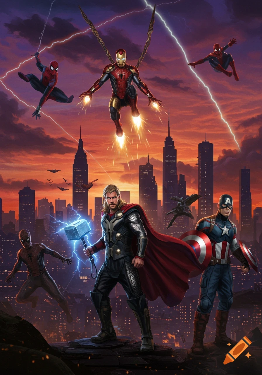Marvel superheroes Iron Man, Thor, Captain America, Falcon, and Spider-Man fly over a futuristic city at sunset with lightning.
