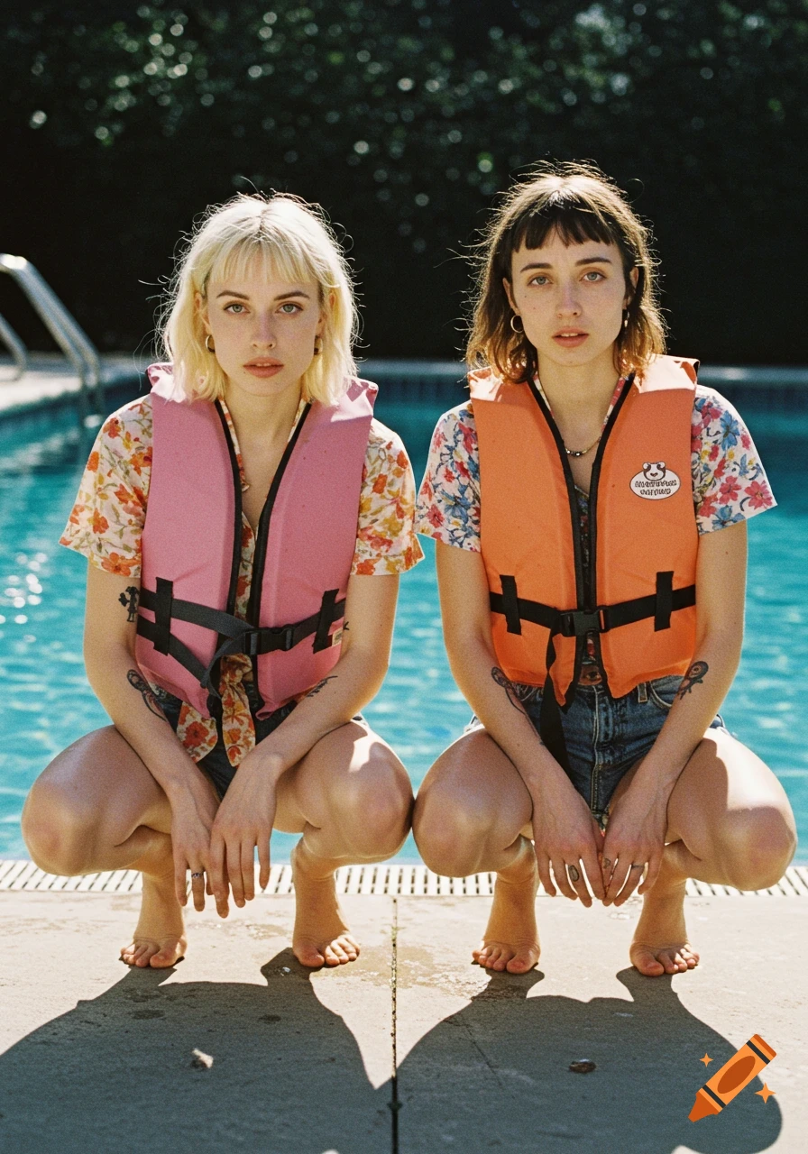 Two women squatting by a swimming pool in pink and orange lifejackets, floral shirts, and denim shorts, in an early 2000s photo style.
