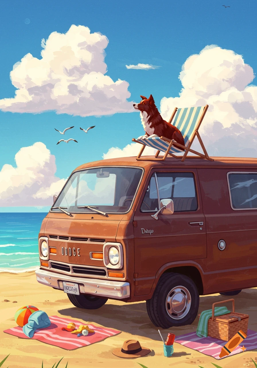 A stylized illustration of a brown van on a sandy beach, with a dark red border collie sitting in a beach chair on its roof, looking out at the blue ocean under a cloudy sky.