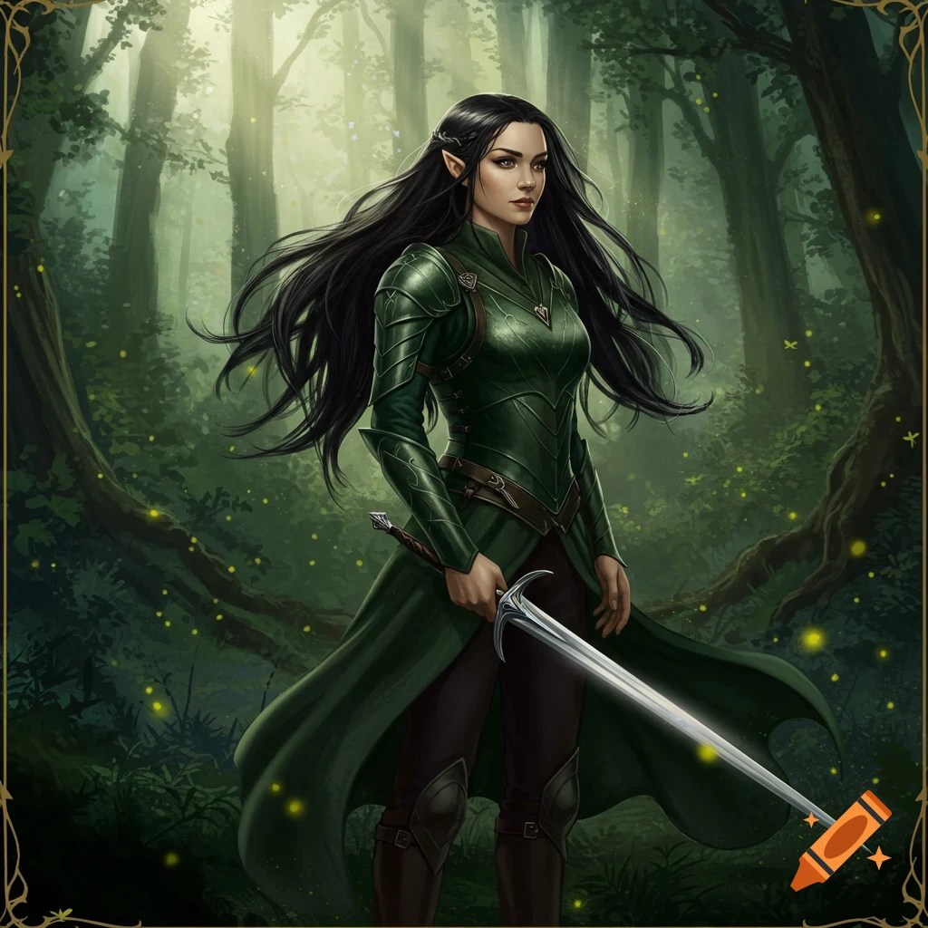 A dark-haired female elf in green armor stands in an enchanted forest, holding a sword. Digital fantasy art.