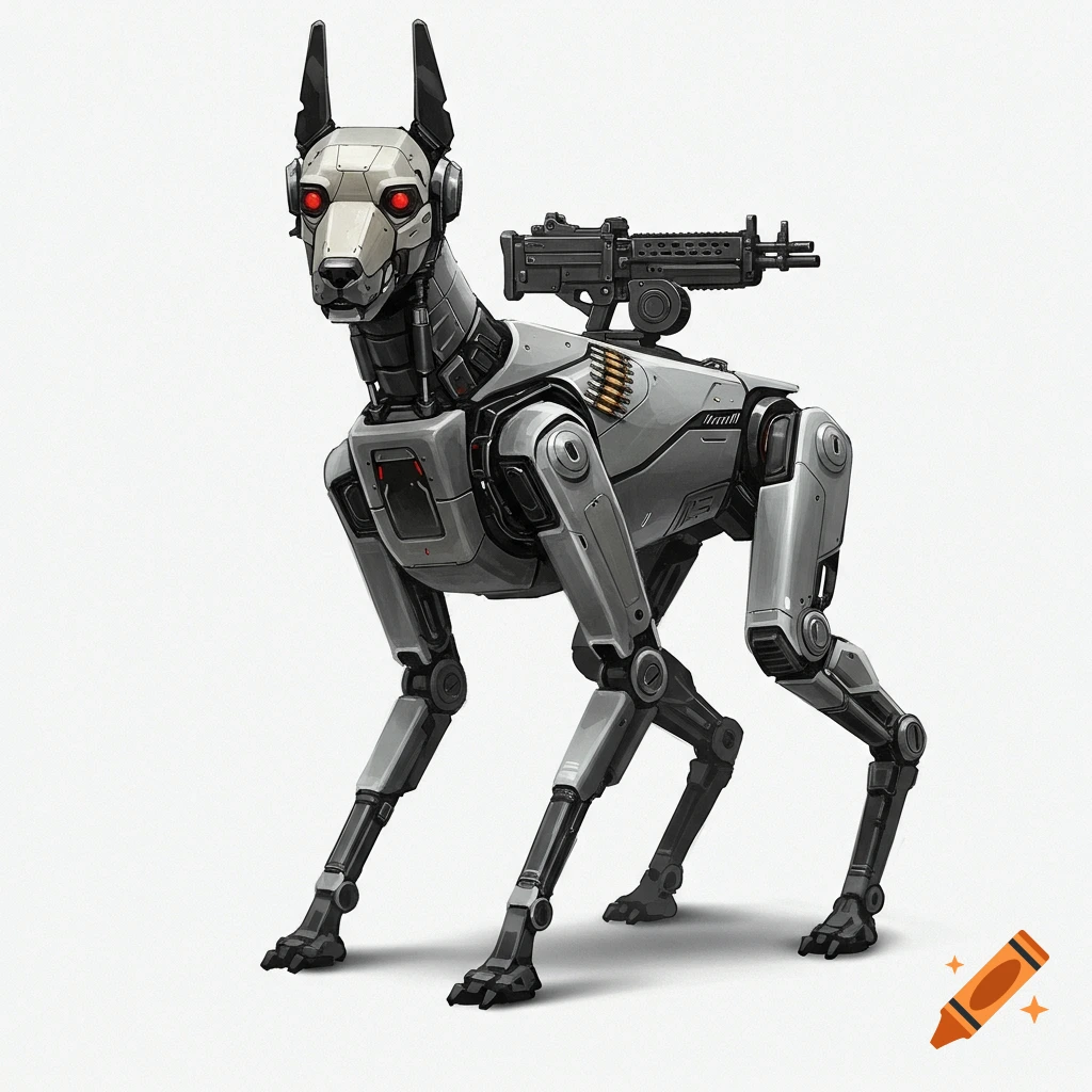 A detailed illustration of a futuristic gray and black robot dog, resembling a Doberman, with a machine gun mounted on its back, against a white background.