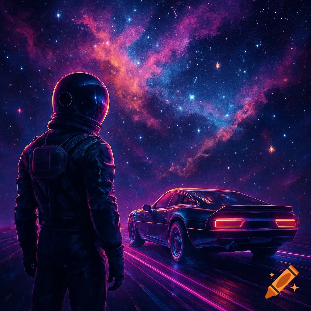 Synthwave art of an astronaut gazing at a neon car on a futuristic road under a vibrant nebula.