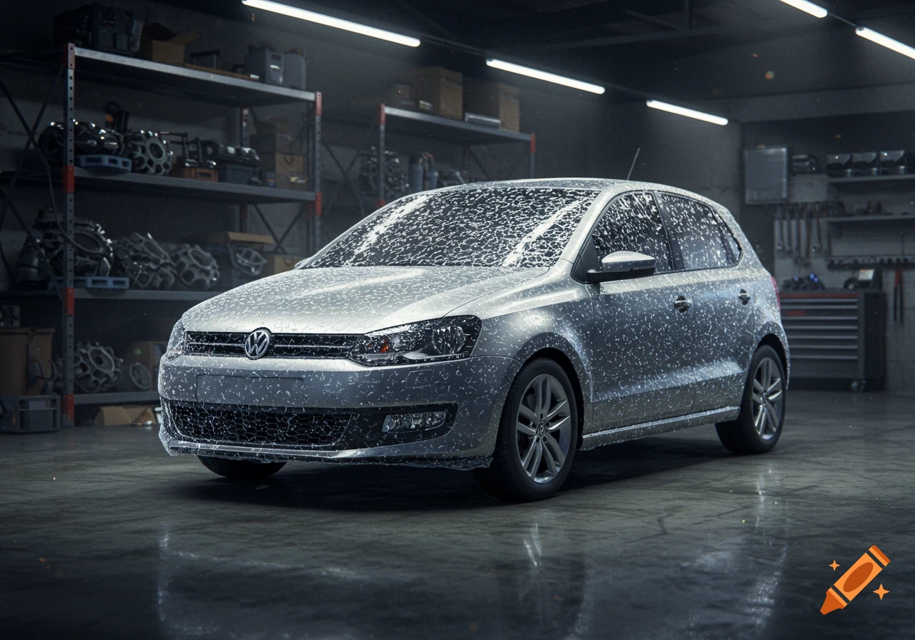 A silver Volkswagen Polo car, covered in white specks resembling foam or bubble wrap, parked in a dimly lit garage.