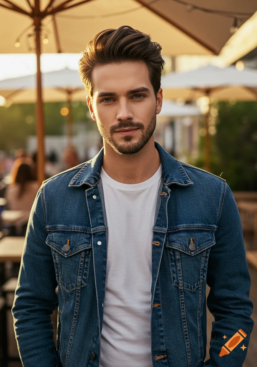 A handsome man with a beard and styled hair, wearing a denim jacket and white t-shirt, stands outdoors at sunset.