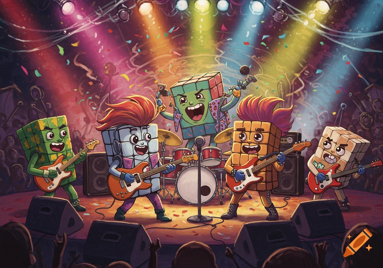 Cartoon Rubik's cube characters with rockstar hair play guitars and drums on a brightly lit stage with confetti.