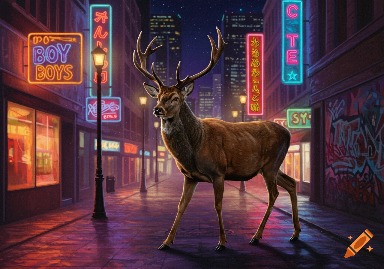 A male deer with antlers stands on a neon-lit city street at night, with glowing signs and tall buildings in the background.