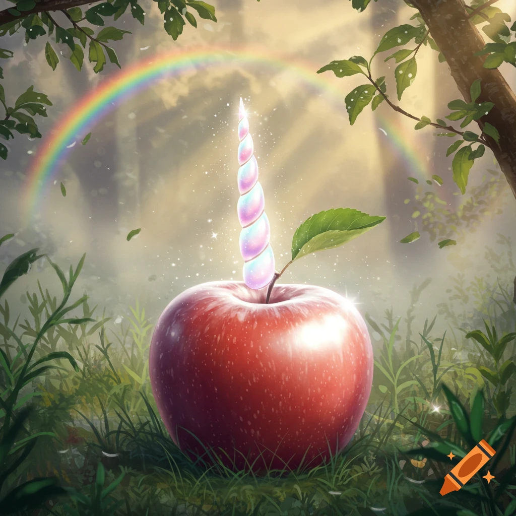 A vibrant red apple with a pastel-colored, spiraled unicorn horn as its stem, resting in green grass in a magical forest with a rainbow overhead.