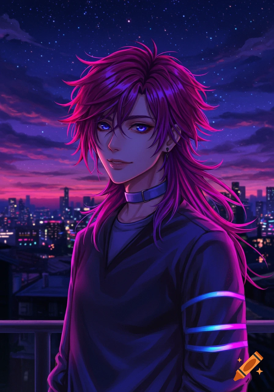 Anime boy with vibrant purple hair and blue eyes on a rooftop overlooking a neon-lit city under a starry purple sky.