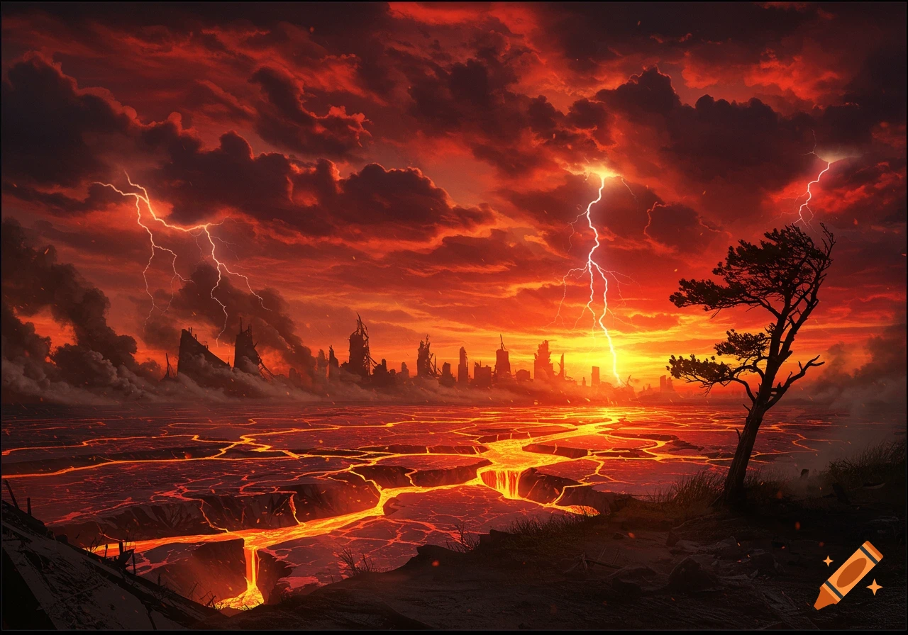 An apocalyptic landscape at sunset with a ruined city, red stormy sky, lightning, and lava flowing through cracked ground, with a solitary tree.