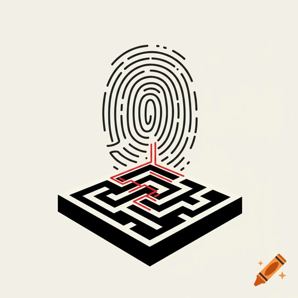 A flat design vector illustration showing a fingerprint above a square maze with a red line guiding from the maze entrance to the fingerprint's core.