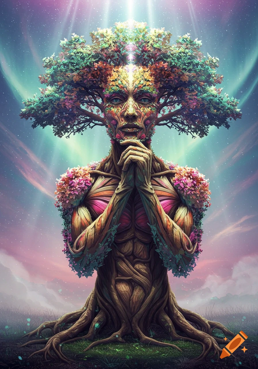 A surreal, psychedelic image of an anthropomorphic tree with a man's face and colorful leaves for hair, hands clasped, against a starry, pastel sky.