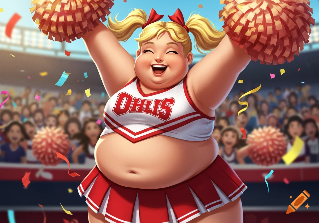 A cheerful, plump blonde cartoon cheerleader in red and white uniform with pigtails holding pom-poms in a stadium.