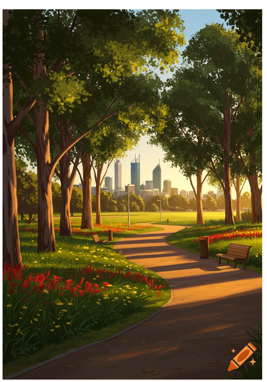 A park path lined with trees and flowering bushes leads towards a city skyline at sunset in a vibrant illustration.
