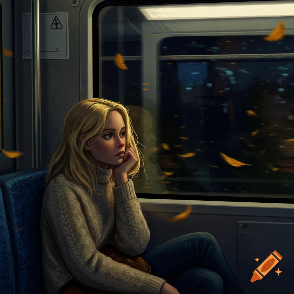 Illustrative portrait of a blonde woman in a cream sweater looking pensively out a train window at night, with golden leaves falling outside.