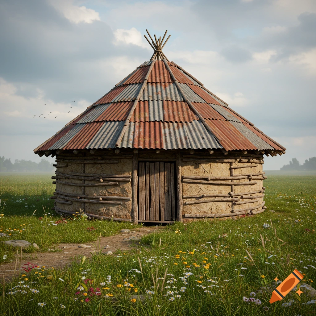 A rustic wattle and daub roundhouse with a corrugated metal roof stands in a vibrant green field filled with wildflowers under a cloudy sky.