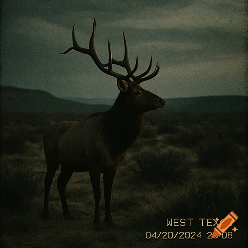 A grainy trail-cam photo of a wild elk with large antlers standing in a dark scrubland, with a 'WEST TEXAS' timestamp.