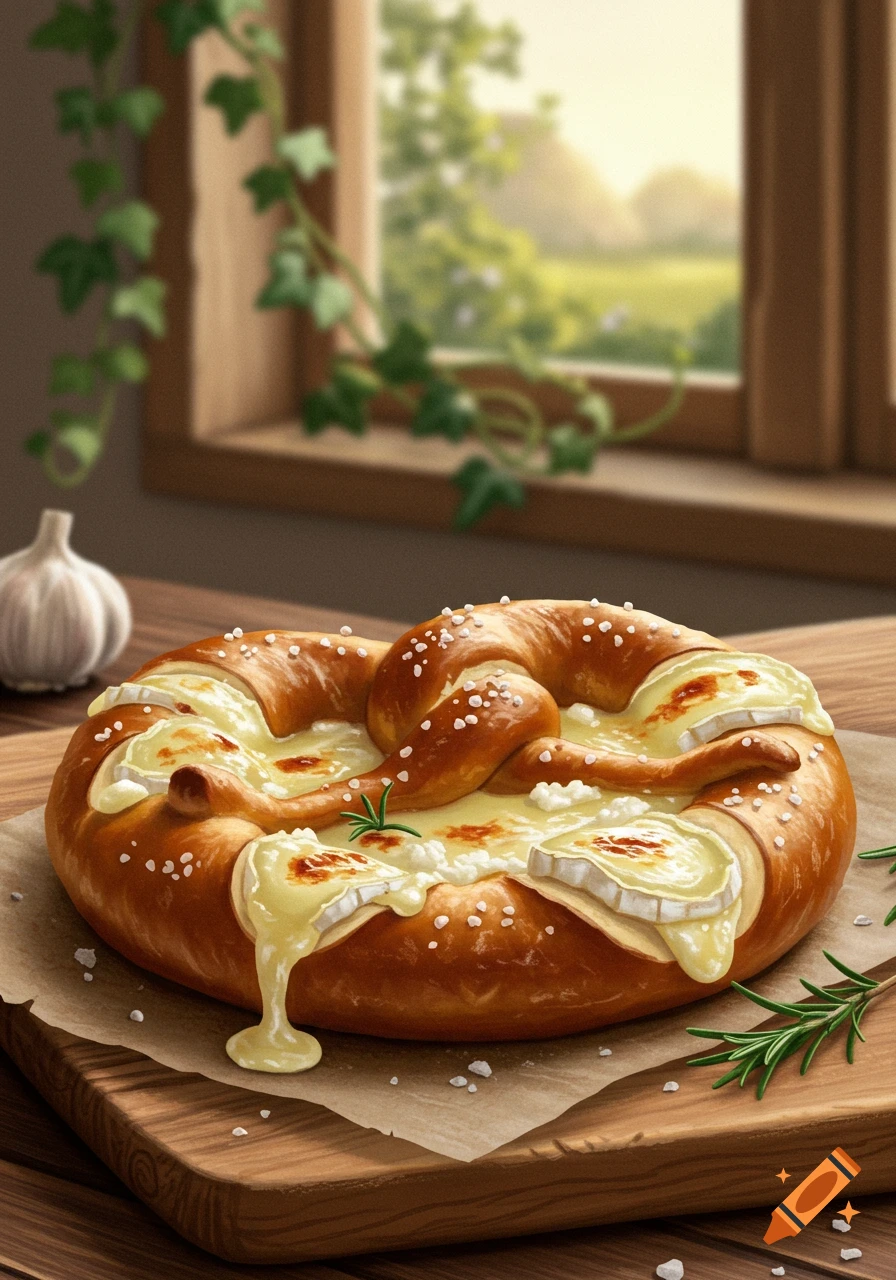 A photorealistic image of a golden-brown pretzel topped with melted cheese, rosemary, and salt, on a wooden board near a window.