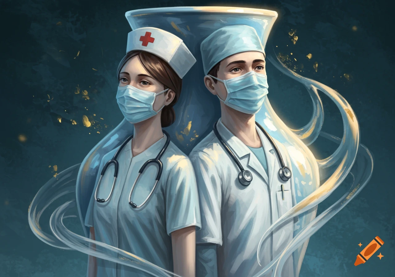 Stylized illustration of a nurse and doctor, wearing masks and stethoscopes, standing back-to-back with glowing light elements on a dark background.