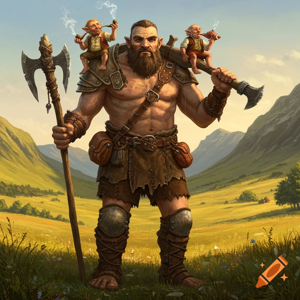 A muscular giant with a beard holds a large axe, carrying two pipe-smoking hobbits on his shoulders in a sunny mountain field.