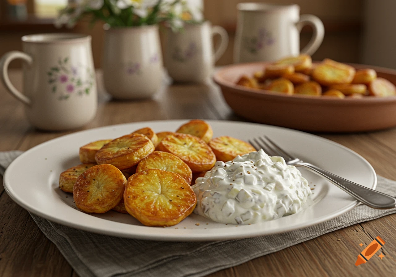 Crispy golden fried potatoes and creamy onion quark on a white plate on a rustic wooden table, with blurred floral mugs in the background.