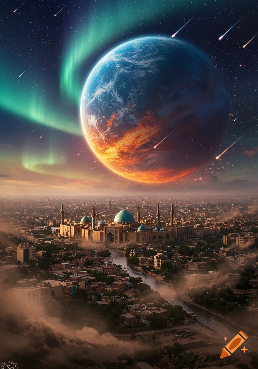 A massive, fiery planet hangs in a starry sky with auroras and meteors, above a city with a large mosque and river.