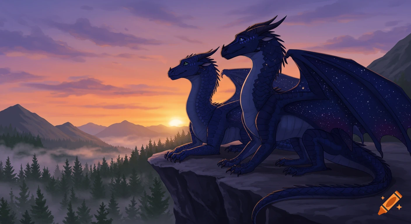 Two blue, star-winged dragons on a cliff watch the sunrise over misty mountain forests, illustrated.