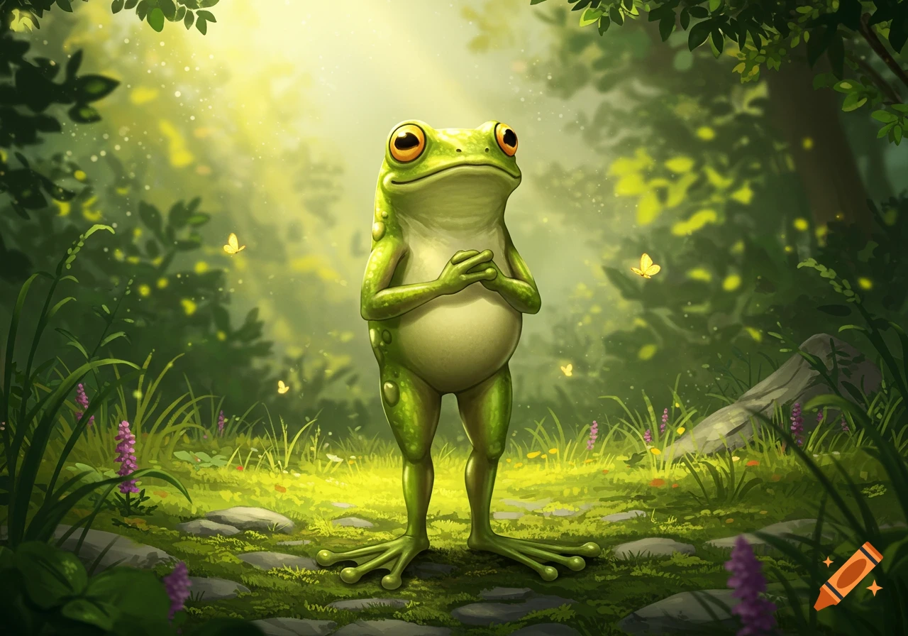 A whimsical green frog stands upright in a sunlit, magical forest, its hands clasped in front of its belly. Butterflies flit around.